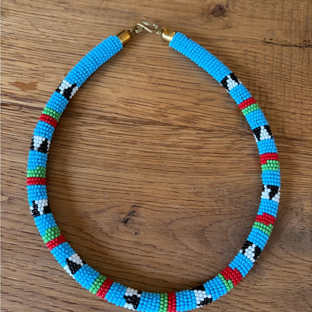 Handcrafted Turquoise Seed Bead Necklace - Blue, Red & Green